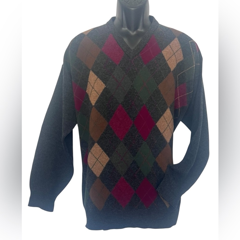 Blarney Woolen Mills Argyle V-Neck Sweater Large Wool Academic Preppy Classic - Picture 3 of 12